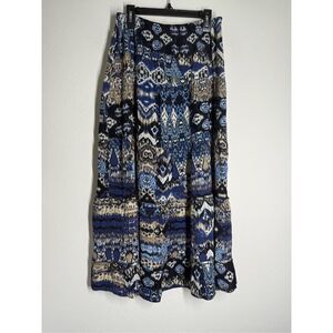 Elementz Boho Tiered Maxi Skirt W/Elastic Waist Geometric Design Print Blue Sz S